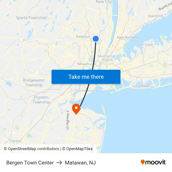 Bergen Town Center to Matawan, NJ map