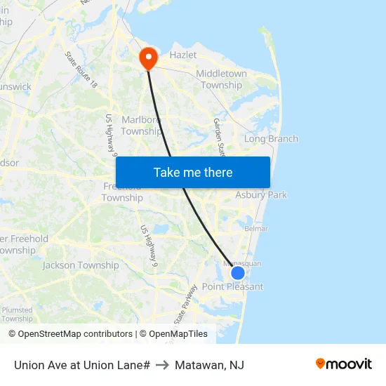 Union Ave at Union Lane# to Matawan, NJ map