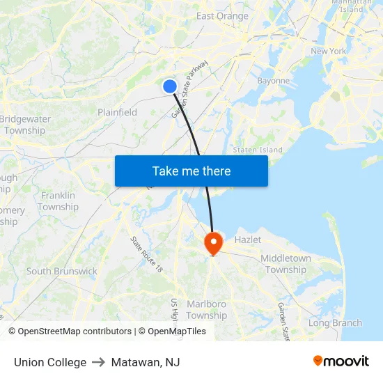 Union College to Matawan, NJ map