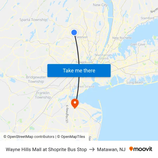 Wayne Hills Mall at Shoprite Bus Stop to Matawan, NJ map