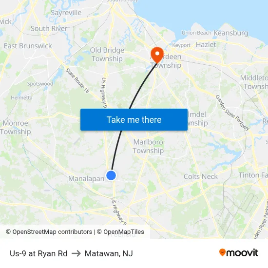 Us-9 at Ryan Rd to Matawan, NJ map