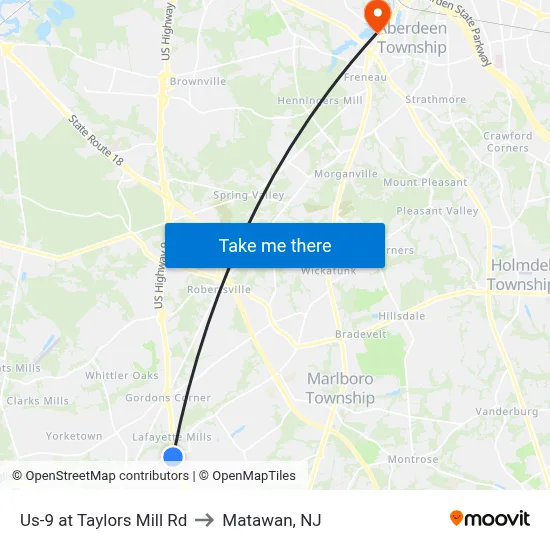 Us-9 at Taylors Mill Rd to Matawan, NJ map