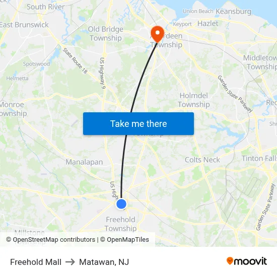 Freehold Mall to Matawan, NJ map