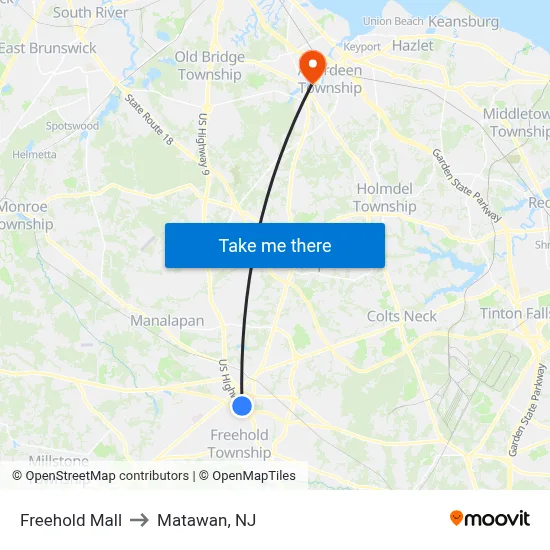 Freehold Mall to Matawan, NJ map