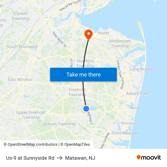 Us-9 at Sunnyside Rd to Matawan, NJ map