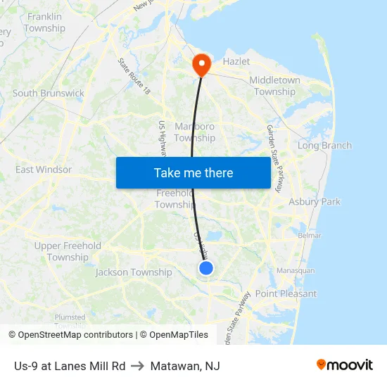 Us-9 at Lanes Mill Rd to Matawan, NJ map