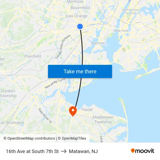 16th Ave at South 7th St to Matawan, NJ map