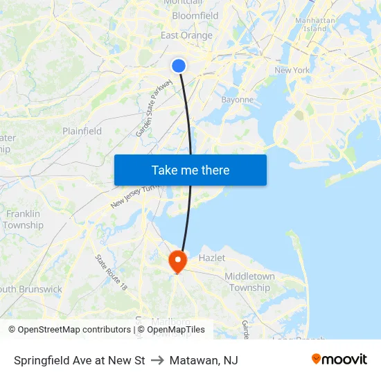 Springfield Ave at New St to Matawan, NJ map