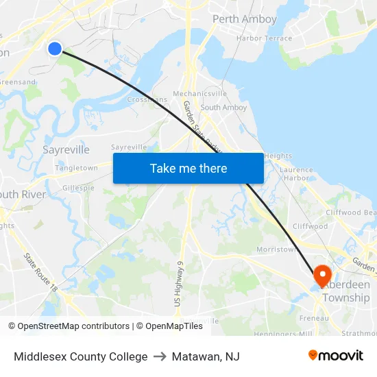 Middlesex County College to Matawan, NJ map