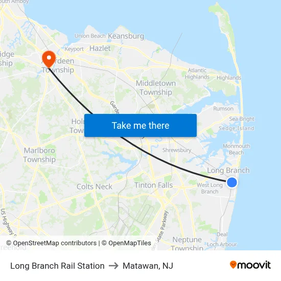 Long Branch Rail Station to Matawan, NJ map