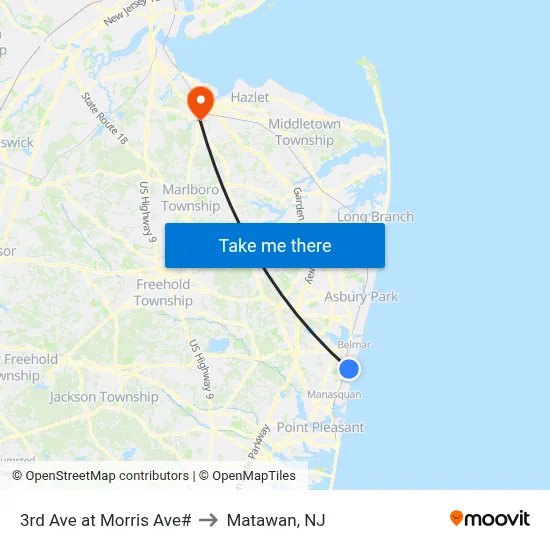 3rd Ave at Morris Ave# to Matawan, NJ map