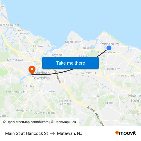 Main St at Hancock St to Matawan, NJ map