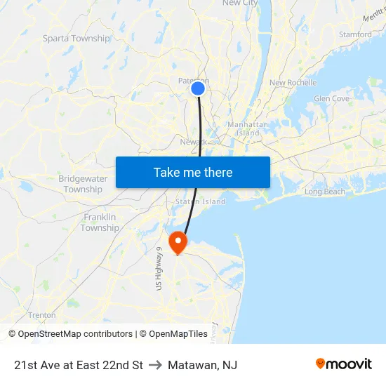 21st Ave at East 22nd St to Matawan, NJ map