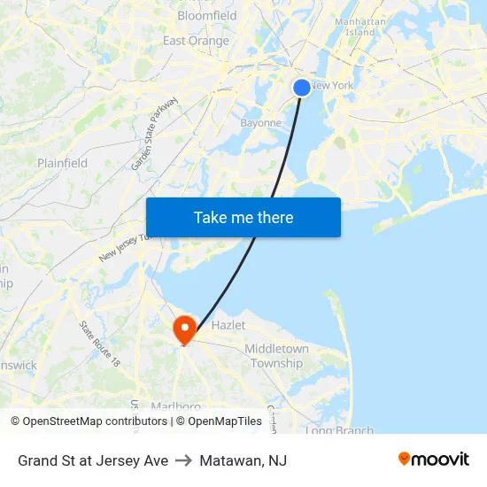 Grand St at Jersey Ave to Matawan, NJ map