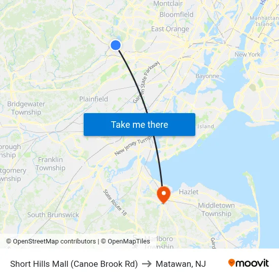 Short Hills Mall (Canoe Brook Rd) to Matawan, NJ map