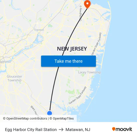 Egg Harbor City Rail Station to Matawan, NJ map