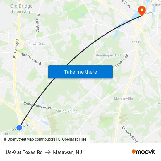 Us-9 at Texas Rd to Matawan, NJ map