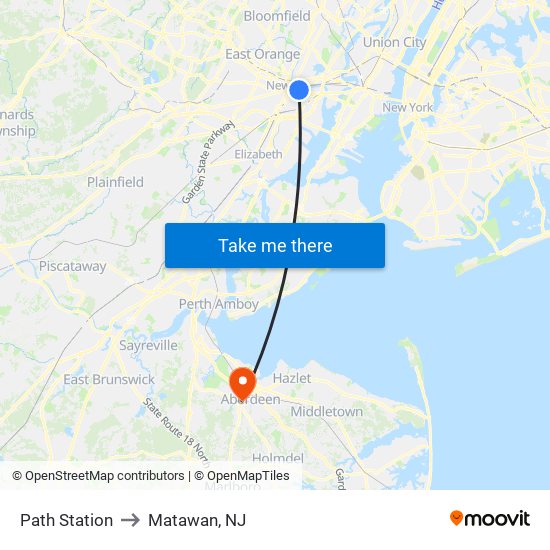 Path Station to Matawan, NJ map