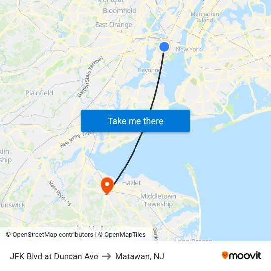 JFK Blvd at Duncan Ave to Matawan, NJ map