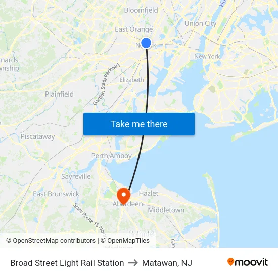 Broad Street Light Rail Station to Matawan, NJ map
