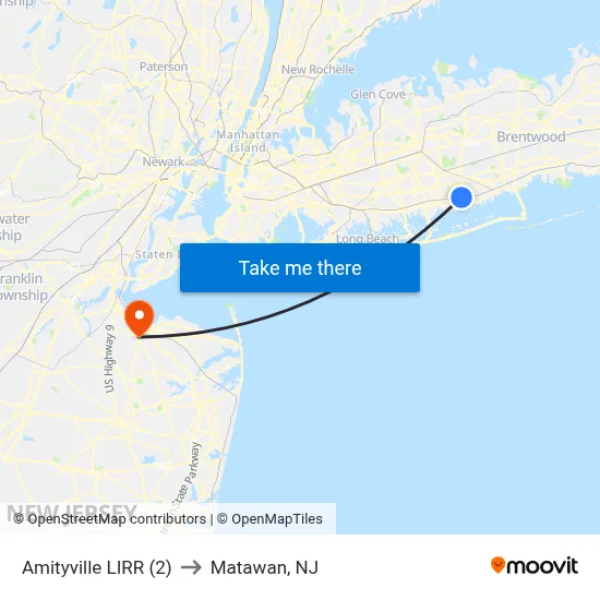 Amityville LIRR (2) to Matawan, NJ map