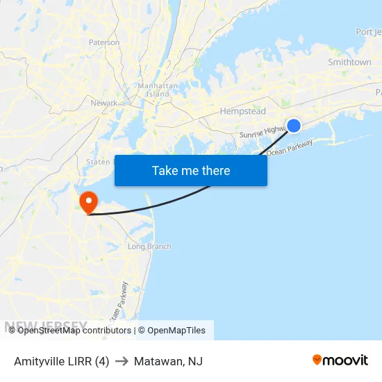Amityville LIRR (4) to Matawan, NJ map