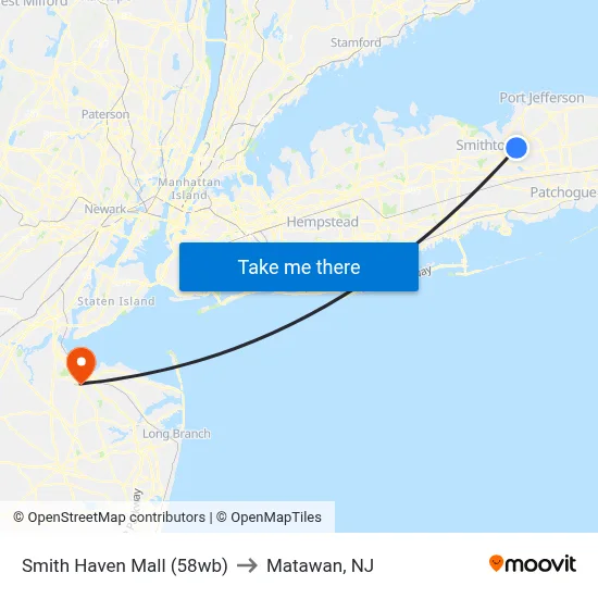 Smith Haven Mall (58wb) to Matawan, NJ map