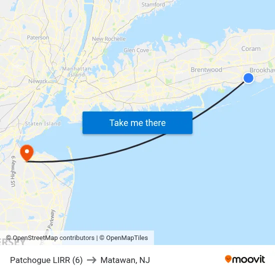 Patchogue LIRR (6) to Matawan, NJ map
