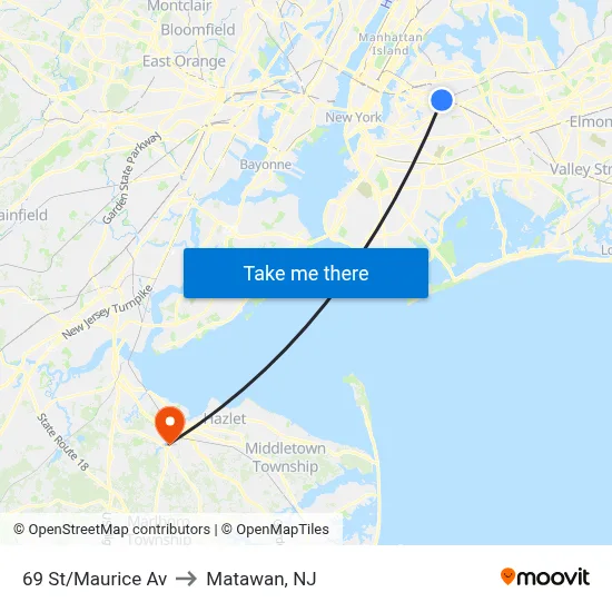 69 St/Maurice Av to Matawan, NJ map