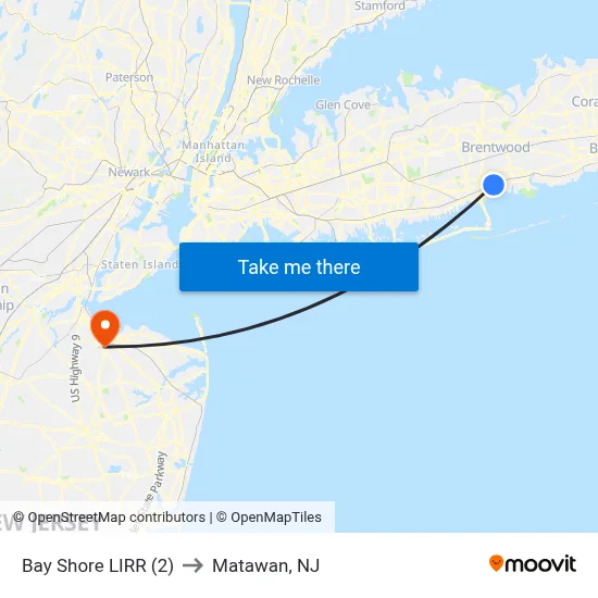 Bay Shore LIRR (2) to Matawan, NJ map