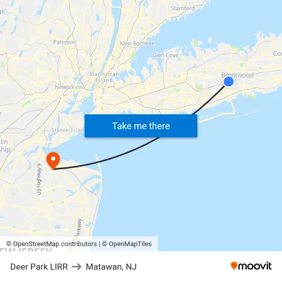 Deer Park LIRR to Matawan, NJ map