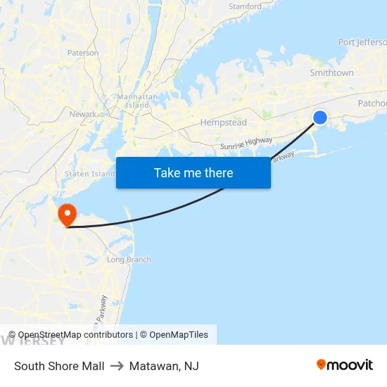 South Shore Mall to Matawan, NJ map