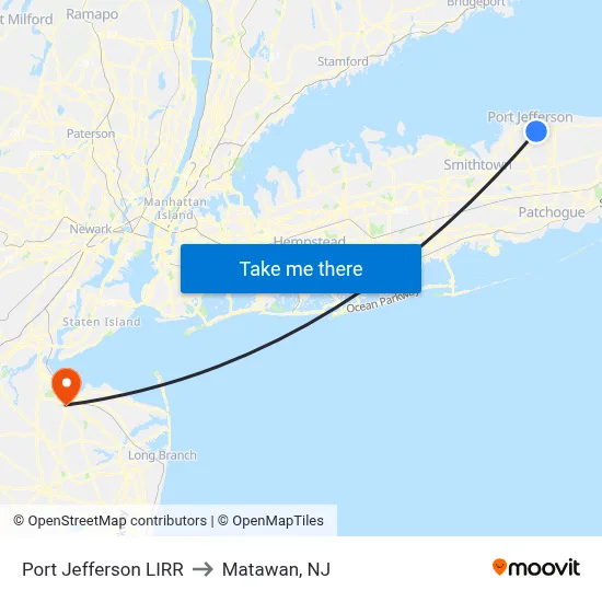 Port Jefferson LIRR to Matawan, NJ map