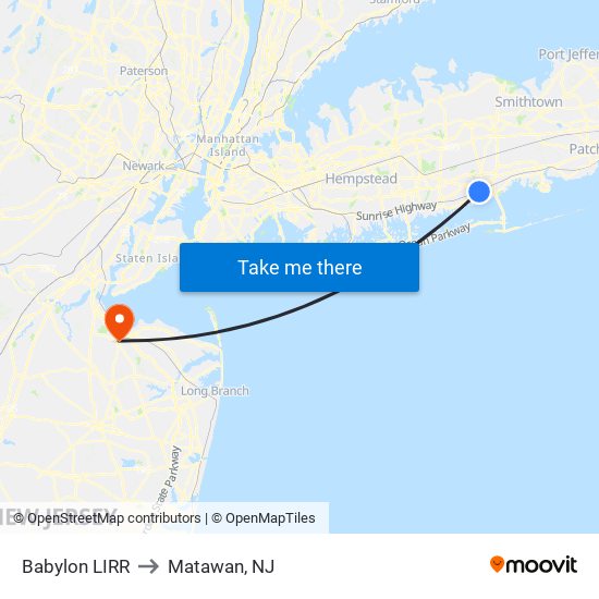 Babylon LIRR to Matawan, NJ map