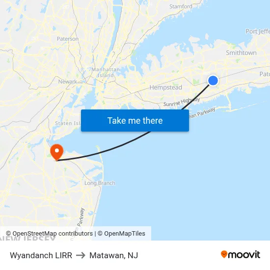 Wyandanch LIRR to Matawan, NJ map