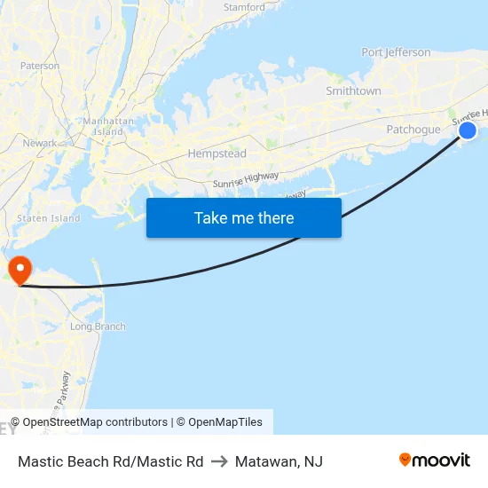 Mastic Beach Rd/Mastic Rd to Matawan, NJ map