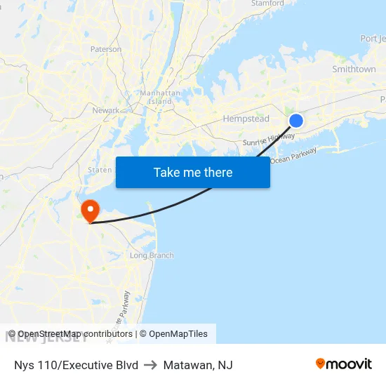 Nys 110/Executive Blvd to Matawan, NJ map