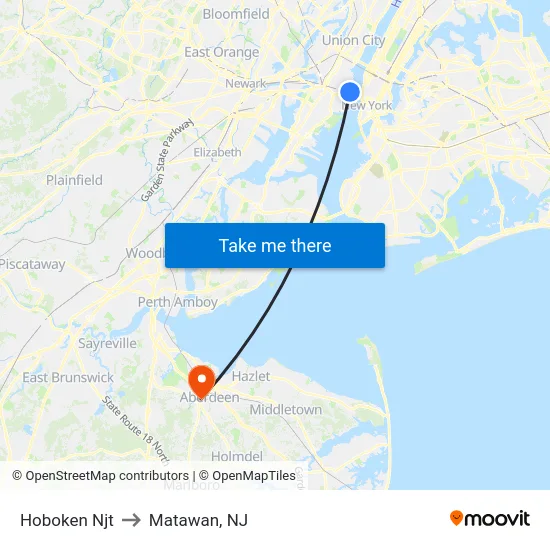Hoboken Njt to Matawan, NJ map