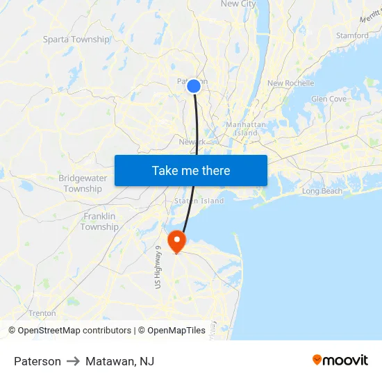 Paterson to Matawan, NJ map
