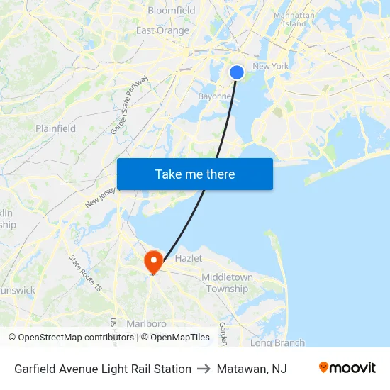 Garfield Avenue Light Rail Station to Matawan, NJ map