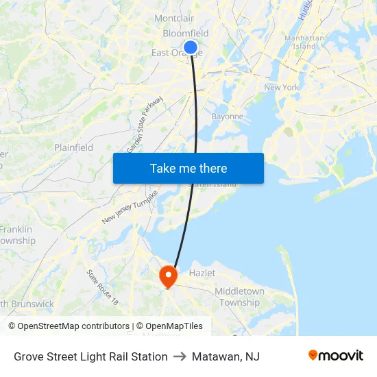 Grove Street Light Rail Station to Matawan, NJ map