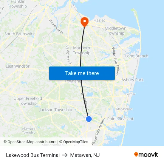 Lakewood Bus Terminal to Matawan, NJ map