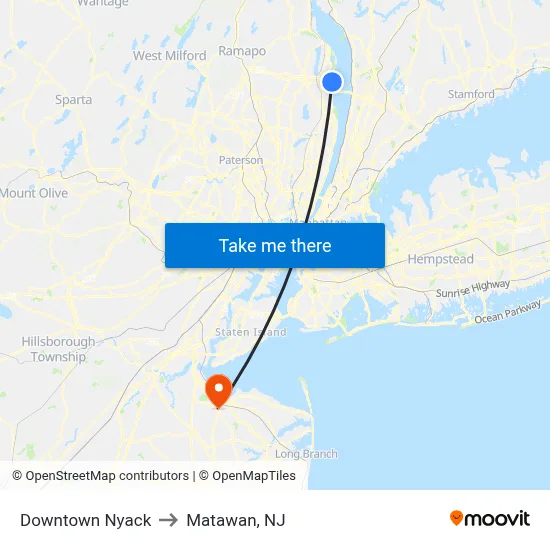 Downtown Nyack to Matawan, NJ map