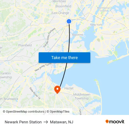 Newark Penn Station to Matawan, NJ map