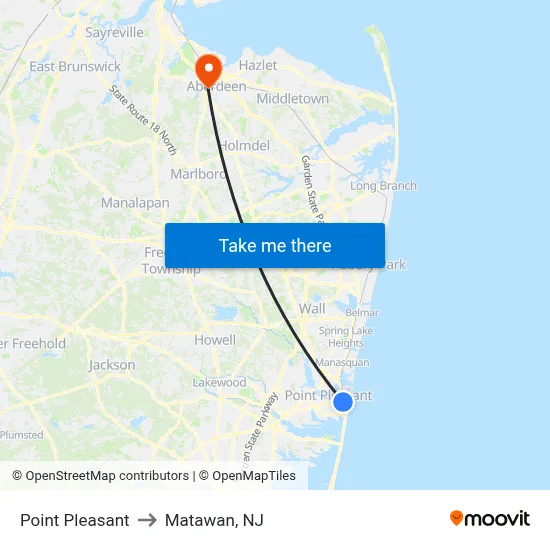 Point Pleasant to Matawan, NJ map
