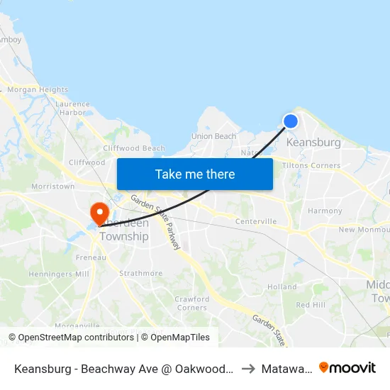 Keansburg -  Beachway Ave @ Oakwood Pl (Northbound) to Matawan, NJ map