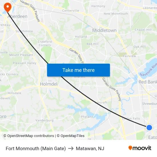 Fort Monmouth (Main Gate) to Matawan, NJ map