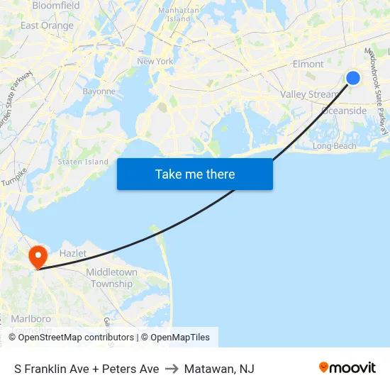 S Franklin Ave + Peters Ave to Matawan, NJ map