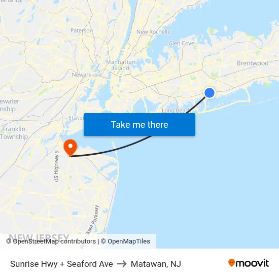 Sunrise Hwy + Seaford Ave to Matawan, NJ map