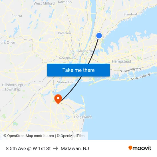 S 5th Ave @ W 1st St to Matawan, NJ map